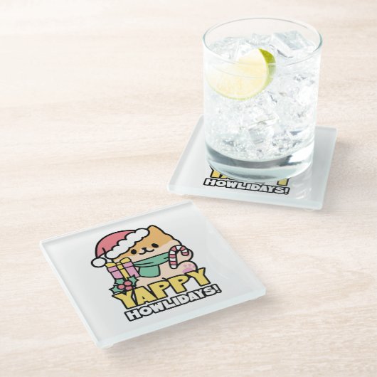 Niedlicher Weihnachtshund - Yappy Howlidays Glasuntersetzer (Schrägansicht)