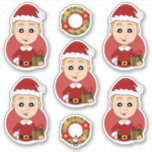 Niedlicher Weihnachtsjunge mit blauen Haaren Aufkleber<br><div class="desc">Set von sieben Vinyl-Aufklebern mit einer Illustration eines niedlichen kleinen,  glücklichen Lächeljungen mit kurzem blondem Haar,  der in Weihnachtskleider gekleidet ist und einen roten Hut trägt,  auf einem roten Hintergrund; fünf Aufkleber des Jungen und zwei Aufkleber mit einem Weihnachtskranz</div>