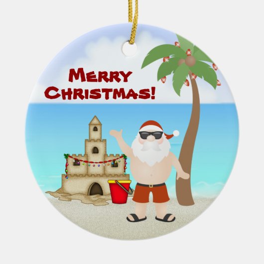 Niedlicher Weihnachtsmann am Strand Frohe Weihnach Keramikornament (Vorne)