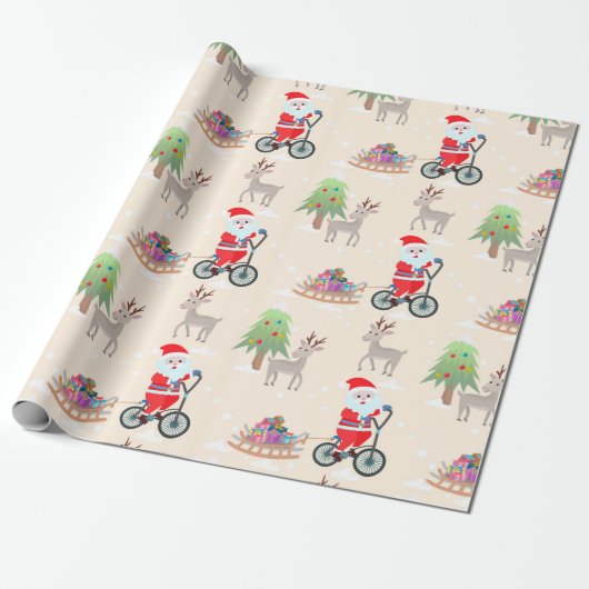 Niedlicher Weihnachtsmann auf dem Fahrrad Weihnach Geschenkpapier (Ungerollt)