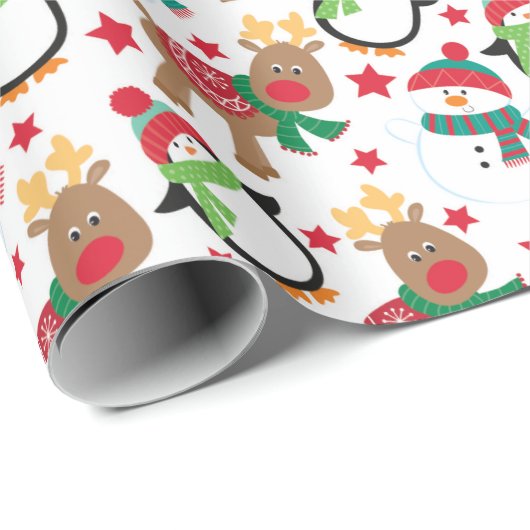Niedlicher Weihnachtsmann Cartoon Tiere Geschenkpapier (Rolleneckpunkt)