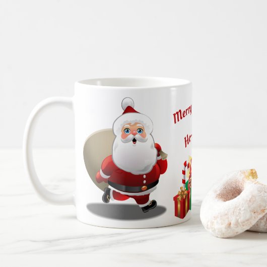 Niedlicher Weihnachtsmann mit einem Sack voll von Kaffeetasse (Mit Donut)