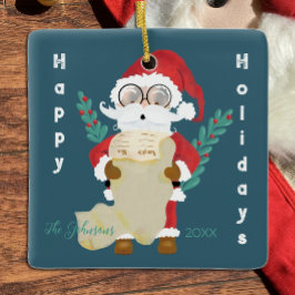 Niedlicher Weihnachtsmann mit Liste Dunkelblauer W Keramikornament