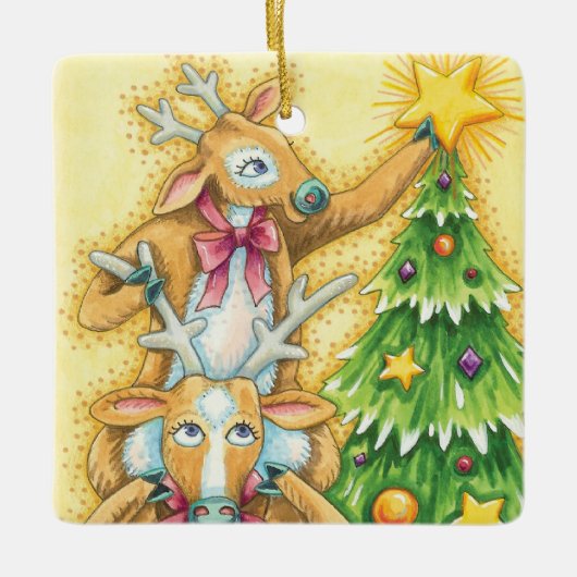 Niedlicher Weihnachtsmann mit Weihnachtsbaum-Star Keramikornament (Vorderseite)