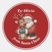 Niedlicher Weihnachtsmann & Reindeer Hug Custom Re Runder Aufkleber (Vorderseite)