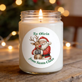 Niedlicher Weihnachtsmann & Reindeer Hug Custom Re Runder Aufkleber