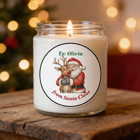 Niedlicher Weihnachtsmann & Reindeer Hug Custom Re Runder Aufkleber