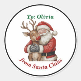 Niedlicher Weihnachtsmann & Reindeer Hug Custom Re Runder Aufkleber