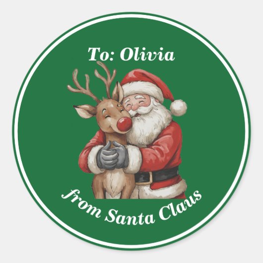 Niedlicher Weihnachtsmann & Reindeer Hug Custom Re Runder Aufkleber (Vorderseite)