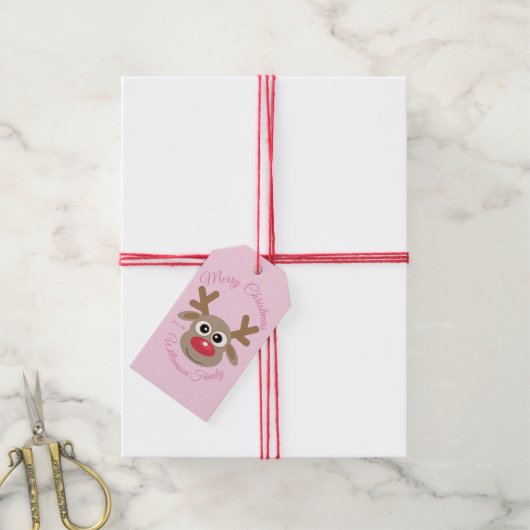 Niedlicher Weihnachtsmann Reindeer Pink Script Nam Geschenkanhänger (Mit Garn)