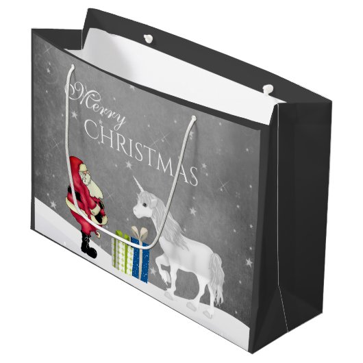 Niedlicher Weihnachtsmann und Einhorn Frohe Weihna Große Geschenktüte (Vorderseite Schrägansicht)