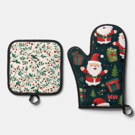 Niedlicher Weihnachtsmann und Holly Ofenhandschuh & Topflappen-Set