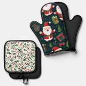 Niedlicher Weihnachtsmann und Holly Ofenhandschuh & Topflappen-Set (Vorderseite/Rückseite)