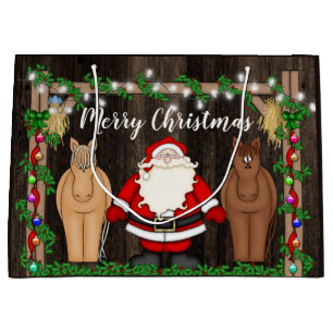Niedlicher Weihnachtsmann und Pferde im Barn Frohe Große Geschenktüte