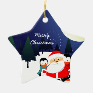 Niedlicher Weihnachtsmann und Pinguine Weihnachtss Keramik Ornament