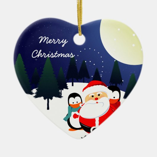 Niedlicher Weihnachtsmann und Pinguine Weihnachtss Keramikornament (Vorne)