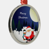 Niedlicher Weihnachtsmann und Pinguine Weihnachtss Silbernes Ornament (Rechts)