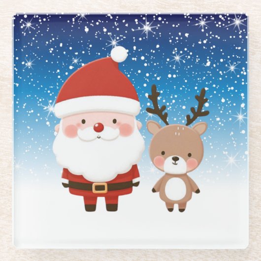 Niedlicher Weihnachtsmann und Reindeer Glasuntersetzer (Vorderseite)