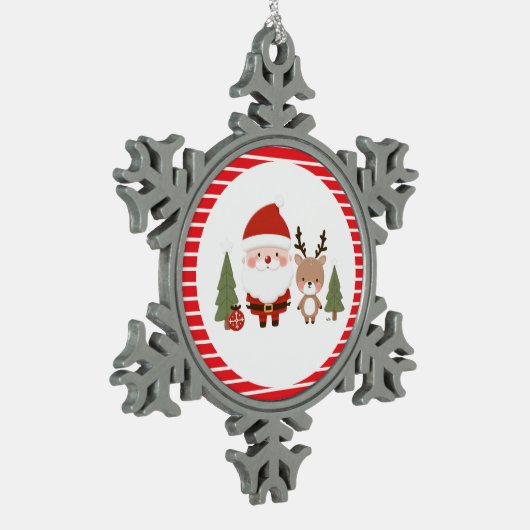 Niedlicher Weihnachtsmann und Reindeer Schneeflocken Zinn-Ornament (Links)