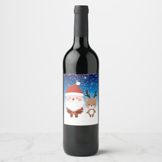 Niedlicher Weihnachtsmann und Reindeer Weinetikett (Vorderseite)