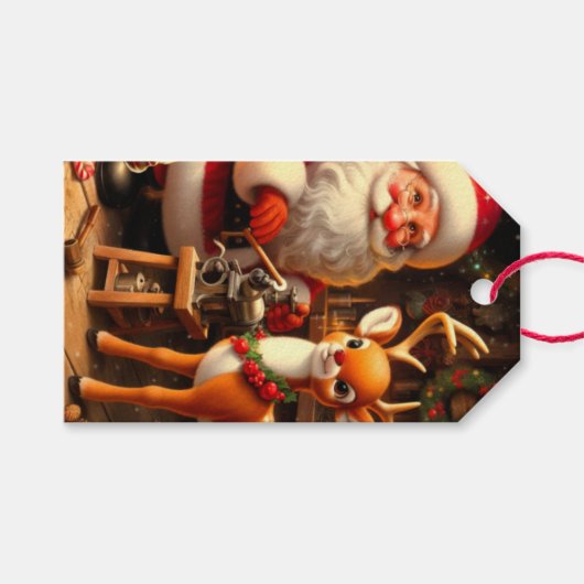 Niedlicher Weihnachtsmann und Rentier Geschenkanhänger (Vorderseite (Horizontal))