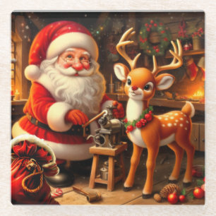 Niedlicher Weihnachtsmann und Rentier Glasuntersetzer