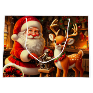 Niedlicher Weihnachtsmann und Rentier Große Geschenktüte