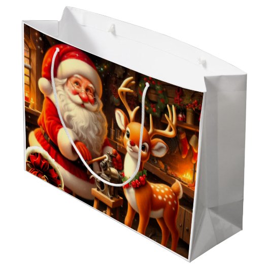 Niedlicher Weihnachtsmann und Rentier Große Geschenktüte (Rückseite Schrägansicht)