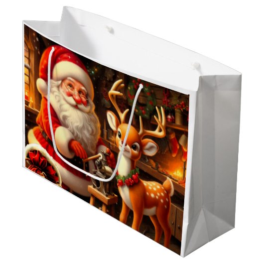 Niedlicher Weihnachtsmann und Rentier Große Geschenktüte (Vorderseite Schrägansicht)