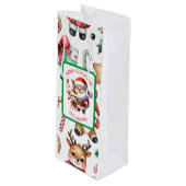 Niedlicher Weihnachtsmann und Rentier Personalisie Geschenktüte Für Weinflaschen (Vorderseite Schrägansicht)