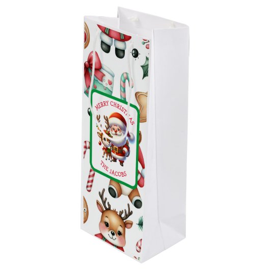 Niedlicher Weihnachtsmann und Rentier Personalisie Geschenktüte Für Weinflaschen (Vorderseite Schrägansicht)