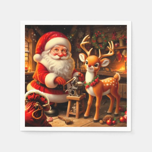 Niedlicher Weihnachtsmann und Rentier Serviette (Vorderseite)