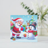 Niedlicher Weihnachtsmann und Schneemann Feiertagskarte (Stehend Vorderseite)