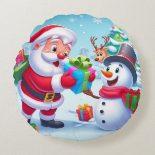 Niedlicher Weihnachtsmann und Schneemann Rundes Kissen