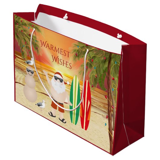 Niedlicher Weihnachtsmann und Surfbretter Strand W Große Geschenktüte (Rückseite Schrägansicht)