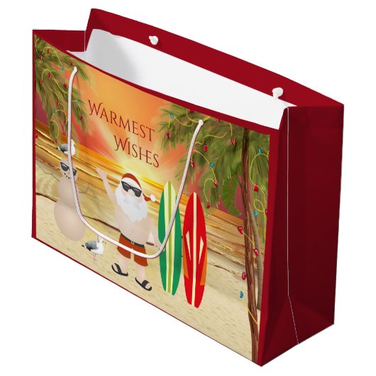 Niedlicher Weihnachtsmann und Surfbretter Strand W Große Geschenktüte (Vorderseite Schrägansicht)