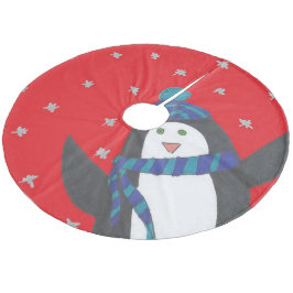 Niedlicher WeihnachtsPenguin auf Rot Fleece Weihnachtsbaumdecke
