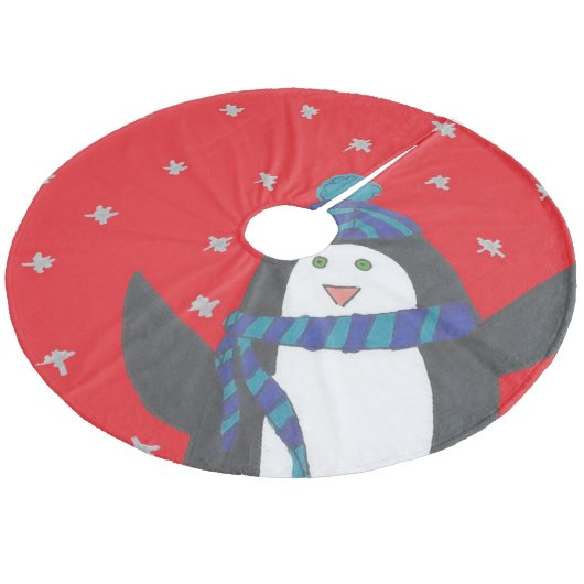 Niedlicher WeihnachtsPenguin auf Rot Fleece Weihnachtsbaumdecke (Schrägansicht)