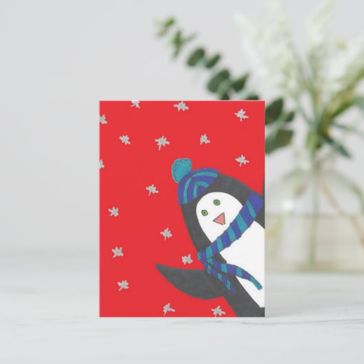 Niedlicher WeihnachtsPenguin auf Rot Postkarte (Stehend Vorderseite)