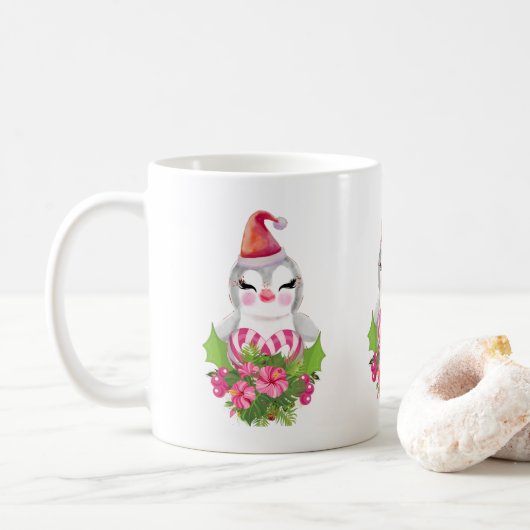 Niedlicher Weihnachtspenguin der Weihnachtsmannmüt Kaffeetasse (Mit Donut)