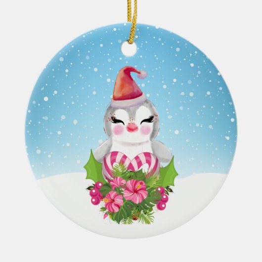 Niedlicher Weihnachtspenguin der Weihnachtsmannmüt Keramik Ornament (Vorne)