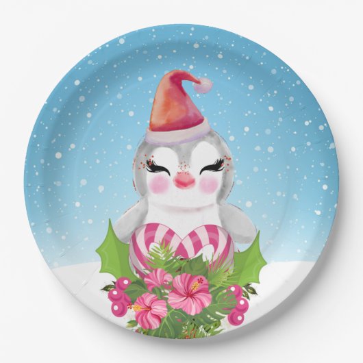 Niedlicher Weihnachtspenguin der Weihnachtsmannmüt Pappteller (Vorderseite)