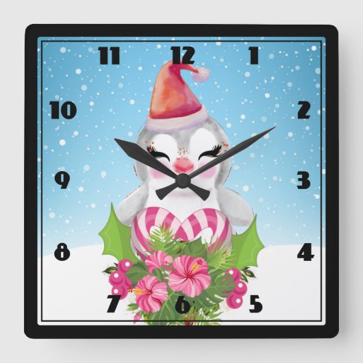 Niedlicher Weihnachtspenguin der Weihnachtsmannmüt Quadratische Wanduhr (Vorderseite)