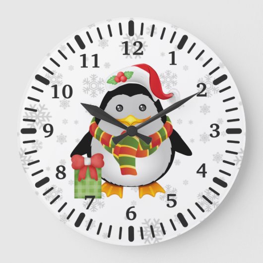 Niedlicher Weihnachtspenguin mit Gegenwart Große Wanduhr (Vorderseite)