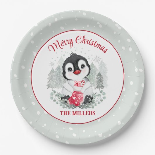 Niedlicher WeihnachtsPenguin mit Strumpf Pappteller (Vorderseite)
