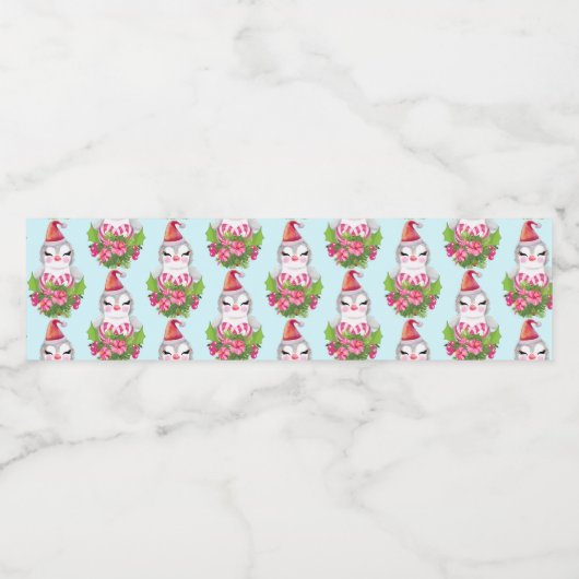 Niedlicher Weihnachtspinguin in Weihnachtsmannmütz Wasserflaschenetikett (Einzelnes Label)