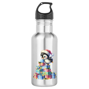 Niedlicher Weihnachtspinguin mit Geschenken und Li Edelstahlflasche