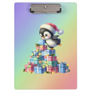Niedlicher Weihnachtspinguin mit Geschenken und Li Klemmbrett