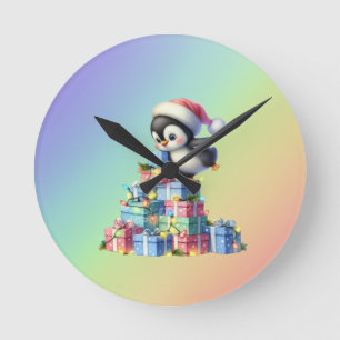 Niedlicher Weihnachtspinguin mit Geschenken und Li Runde Wanduhr