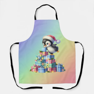 Niedlicher Weihnachtspinguin mit Geschenken und Li Schürze
